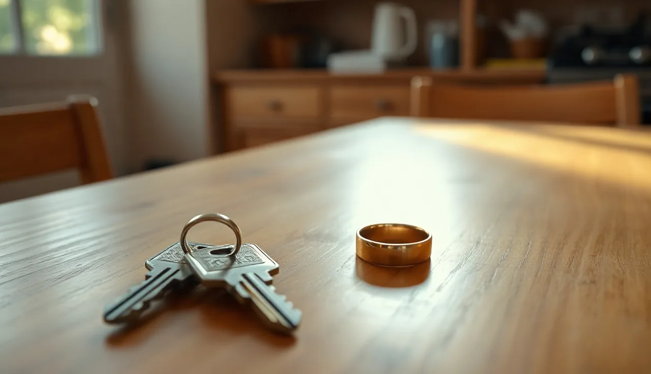Wedding ring and house keys on a wooden table, symbolizing simple divorce costs