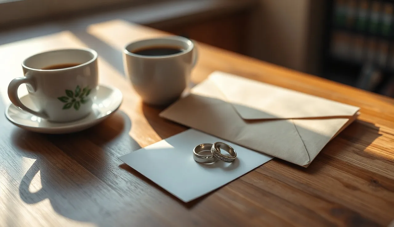 Two wedding rings on a table next to an envelope, symbolizing agreed divorce costs