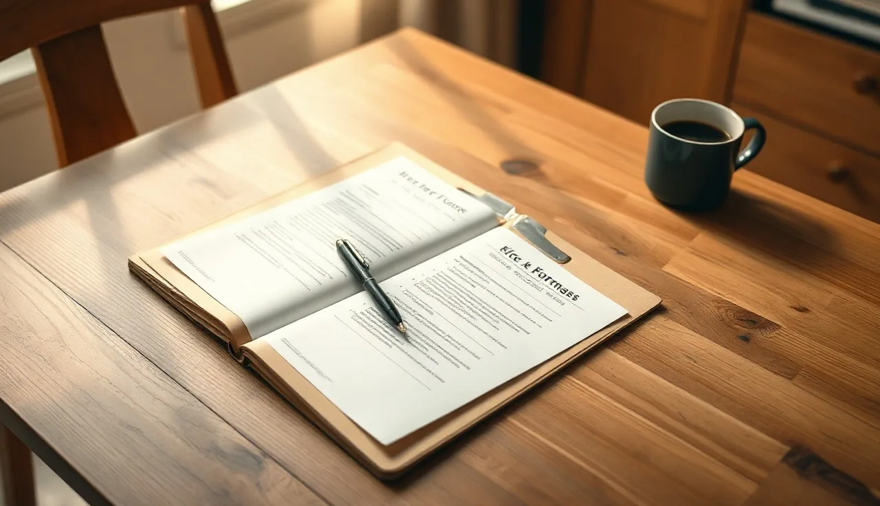 Blank divorce paperwork folder open on a kitchen table with a pen