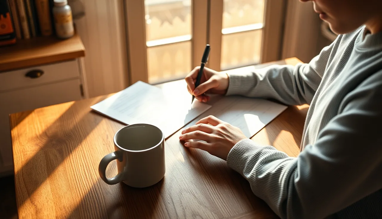 Person filling out court fee waiver paperwork at a kitchen table in morning light