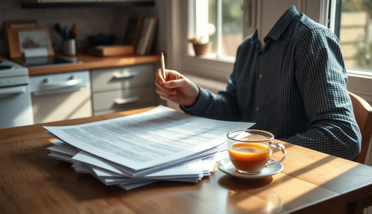 Person completing court paperwork at a kitchen table for an in forma pauperis divorce application