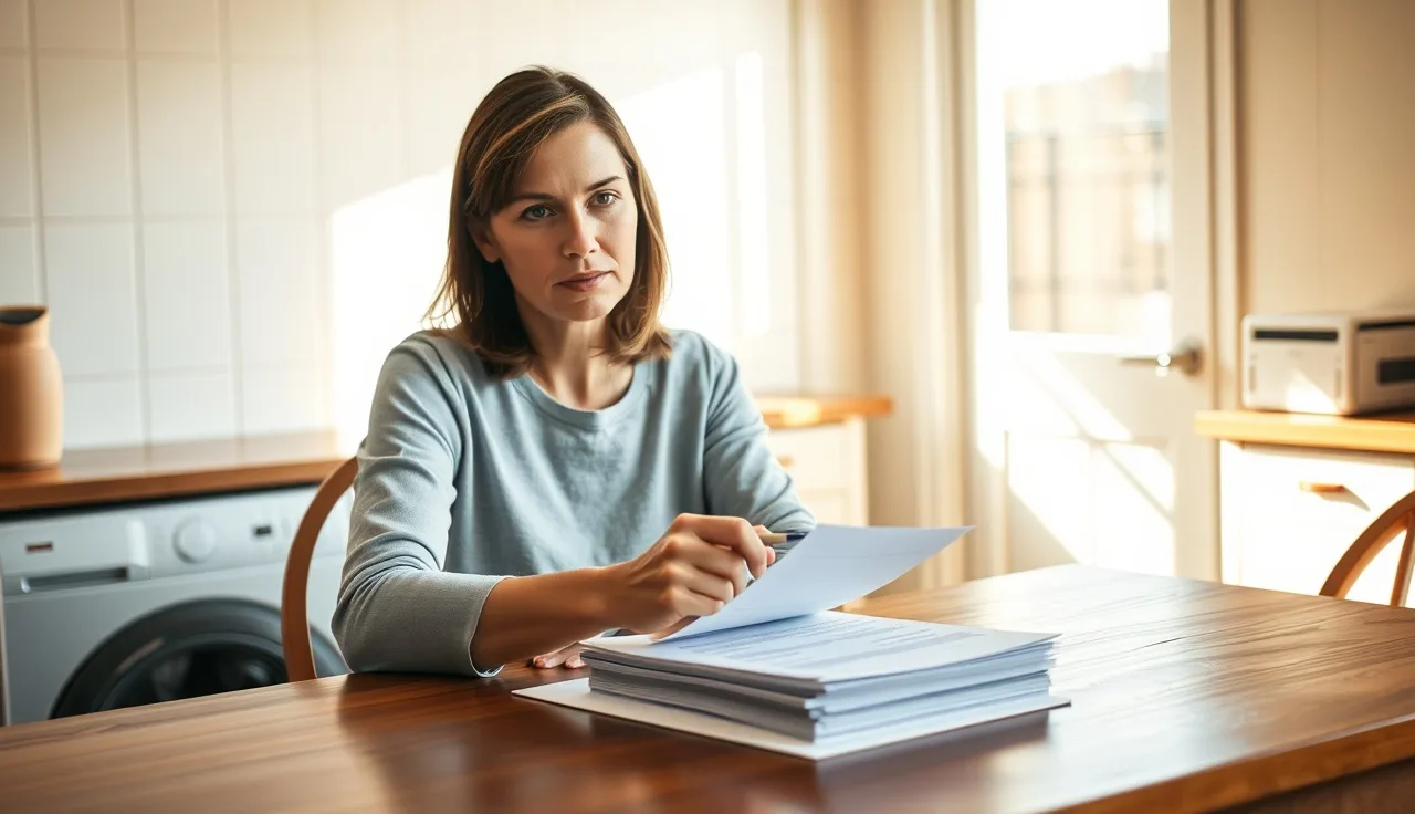 Woman at kitchen table filling out divorce paperwork in morning light