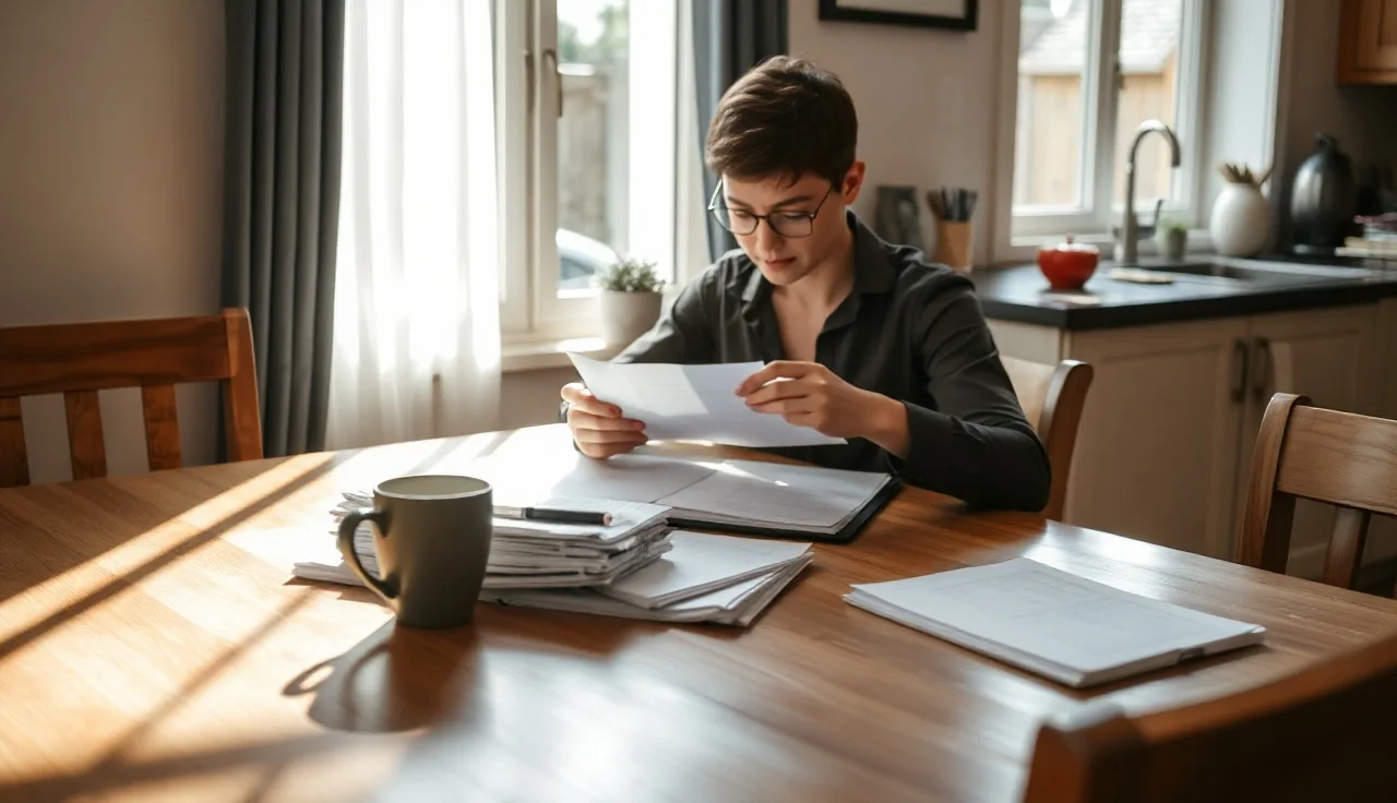 Person reviewing divorce paperwork at a kitchen table in morning light