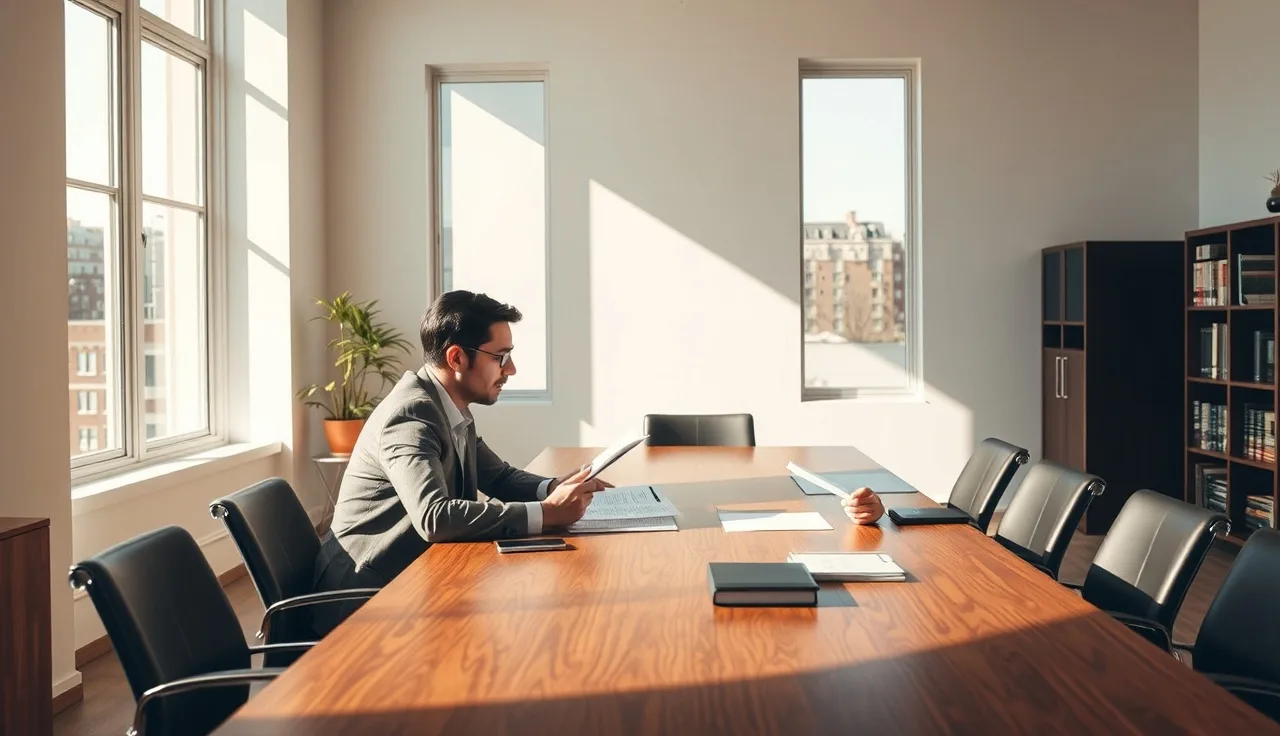 Two people reviewing divorce paperwork at a conference table in a law office