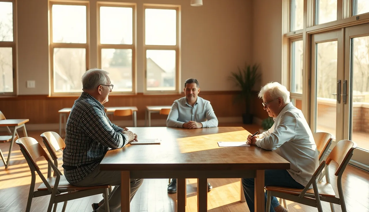 Two people and a mediator seated at a wooden table during a divorce mediation session