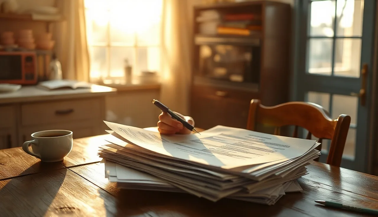 Person reviewing divorce fee waiver forms at a kitchen table with morning light