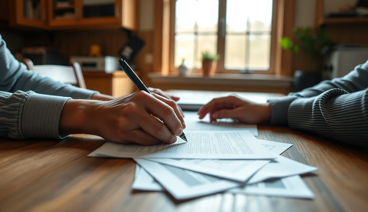 Two people reviewing divorce paperwork at a kitchen table in morning light