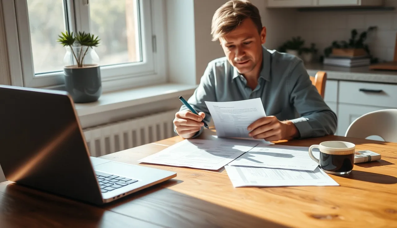 Person reviewing printed divorce paperwork at kitchen table with pen and coffee