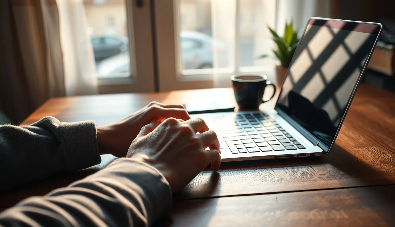 Hands on a desk beside a laptop while paying court fees online for divorce
