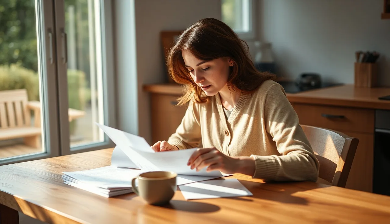 Woman reviewing divorce paperwork at kitchen table seeking legal aid help
