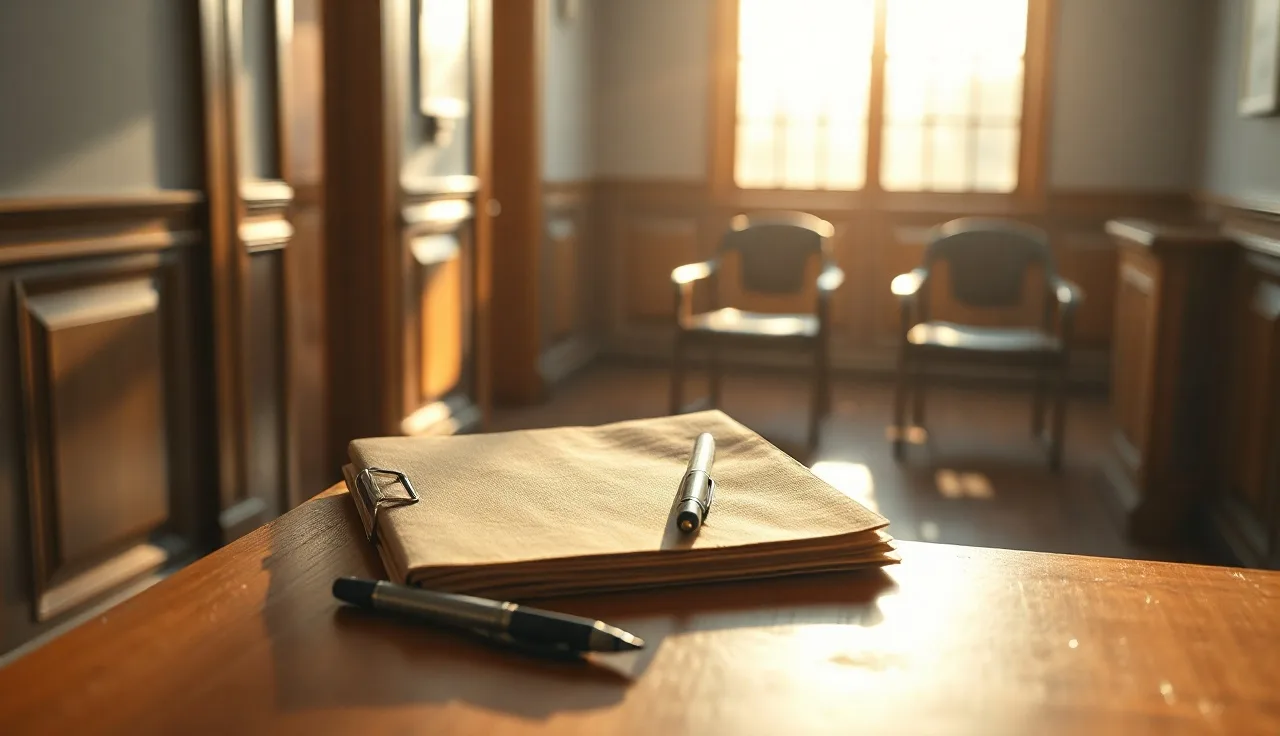 Empty courthouse hallway desk with folder and pens, representing divorce filing costs