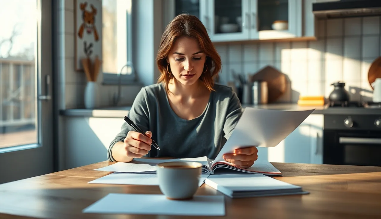 Woman reviewing divorce fee waiver paperwork at a kitchen table in morning light