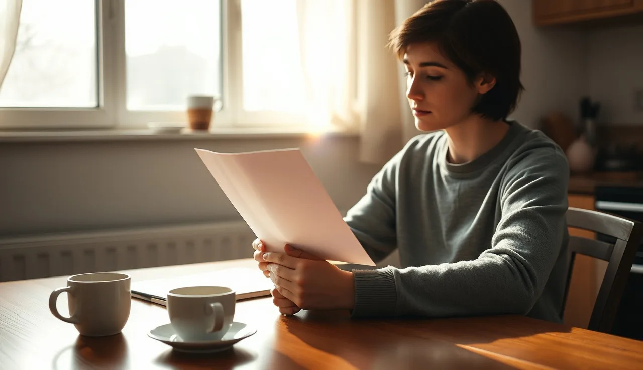 Person reviewing court paperwork at a kitchen table, applying for a divorce fee waiver