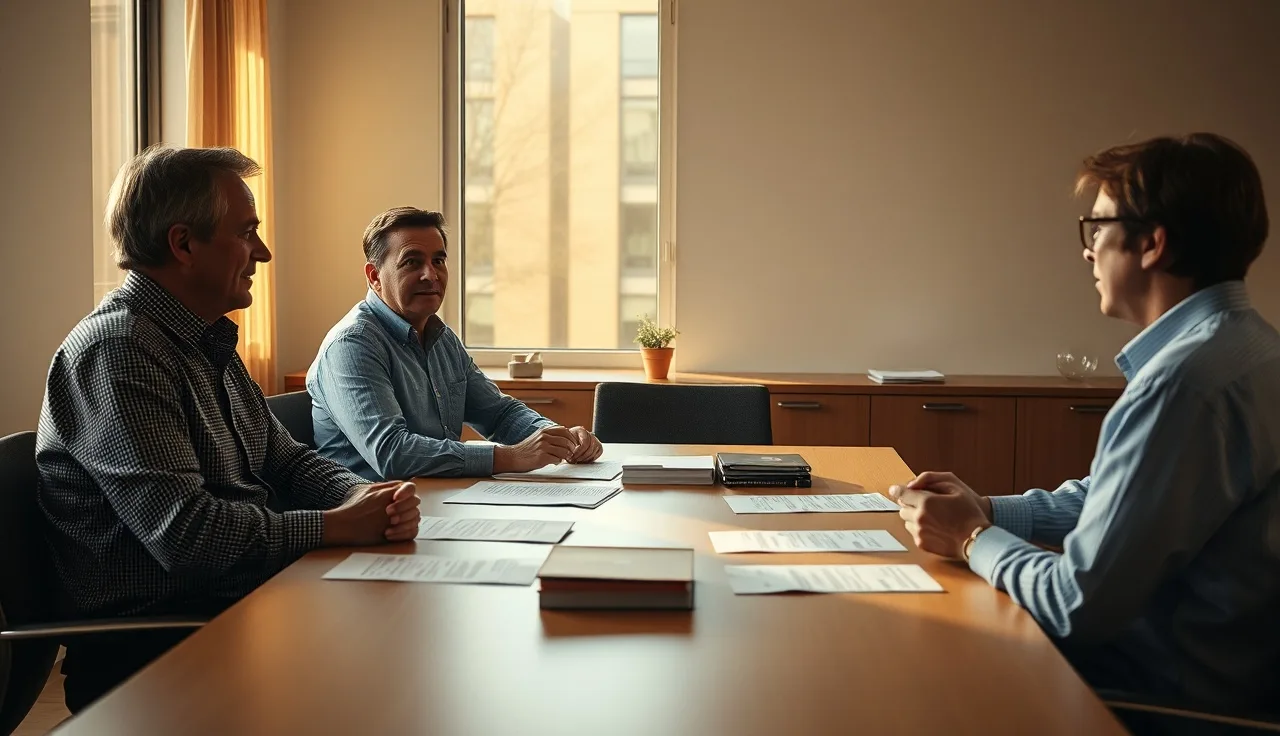 Two spouses and a mediator at a conference table during a divorce mediation session
