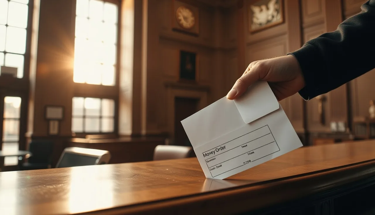 Person submitting a money order payment at a courthouse clerk counter for a divorce filing fee