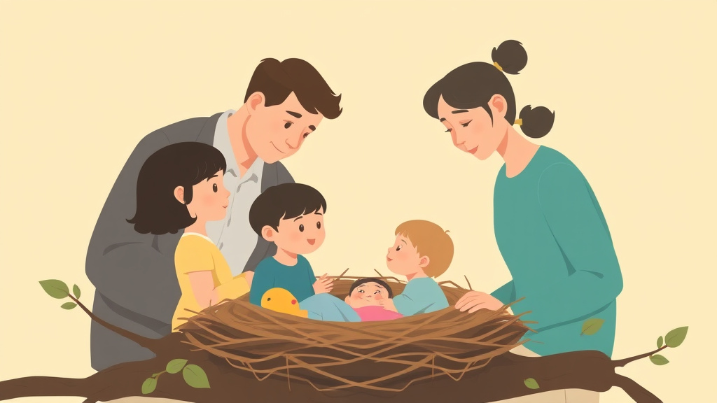 Illustration showing key concepts related to bird nesting custody: kids stay, parents rotate