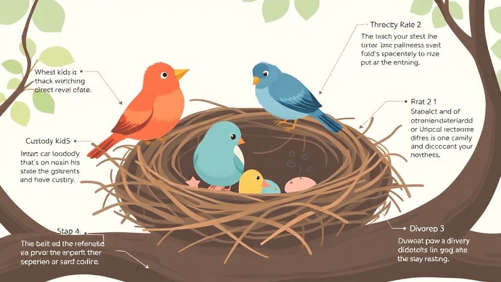 Visual guide for practical steps in bird nesting custody: kids stay, parents rotate