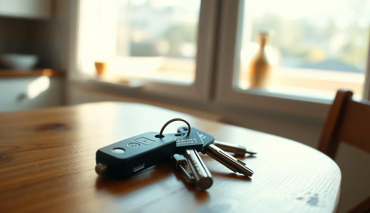House keys and a pen on a wooden table, representing alimony and divorce settlement