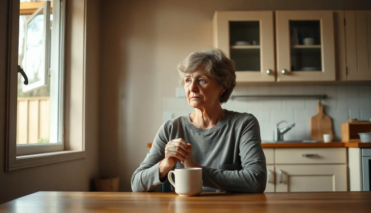 Woman sitting alone at kitchen table after divorce, looking out window