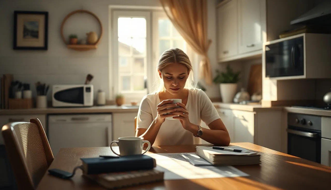Woman at kitchen table with papers during temporary divorce support process