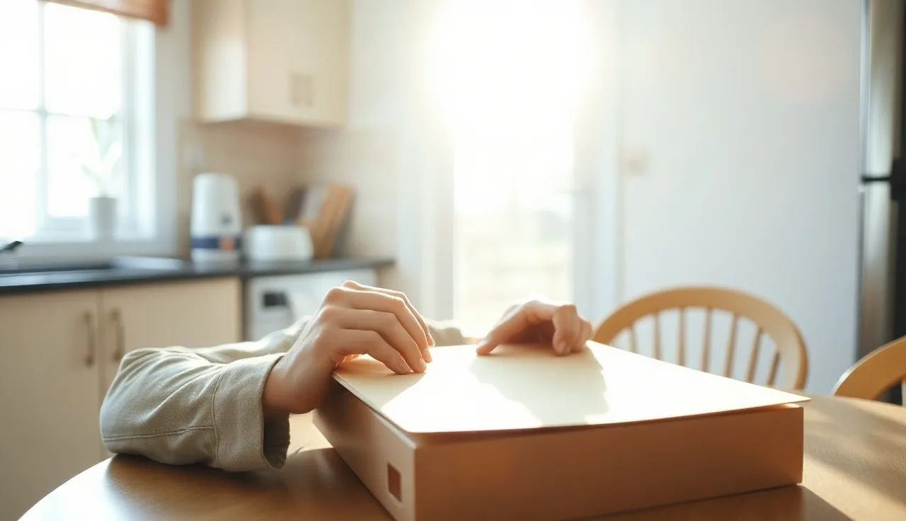 Person sitting at kitchen table with folder, beginning the divorce process