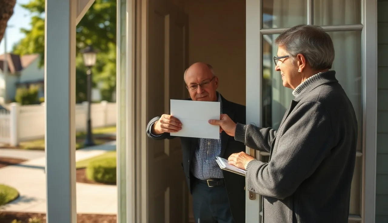 Adult handing an envelope to another person at a residential front door