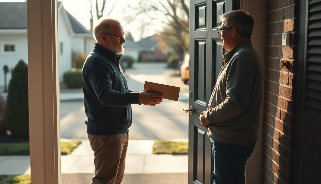 Person handing an envelope to another adult at a front door for divorce paper service