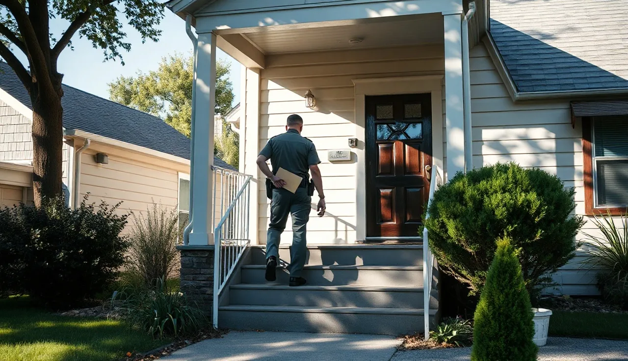 Sheriff's deputy approaching a house door to serve civil process papers