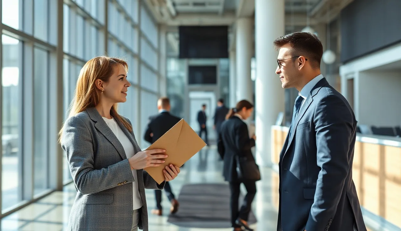 Person being handed legal papers by a process server in an office lobby