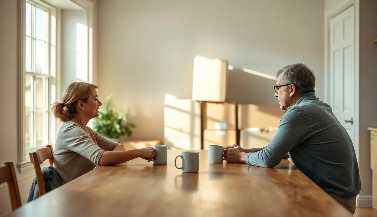 Two adults sitting apart at a kitchen table with moving boxes nearby during divorce