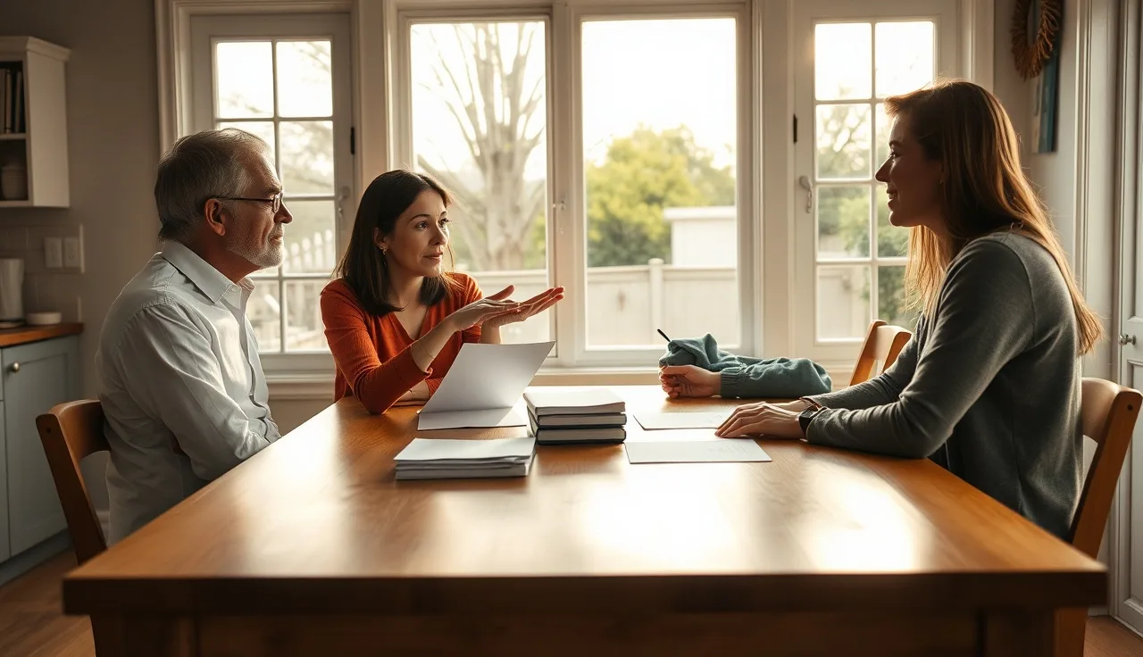 Two people discussing alimony terms at a kitchen table in soft afternoon light