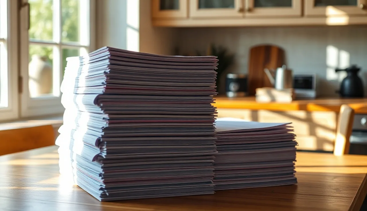 Two stacks of legal paperwork on a wooden table representing separation and divorce documents