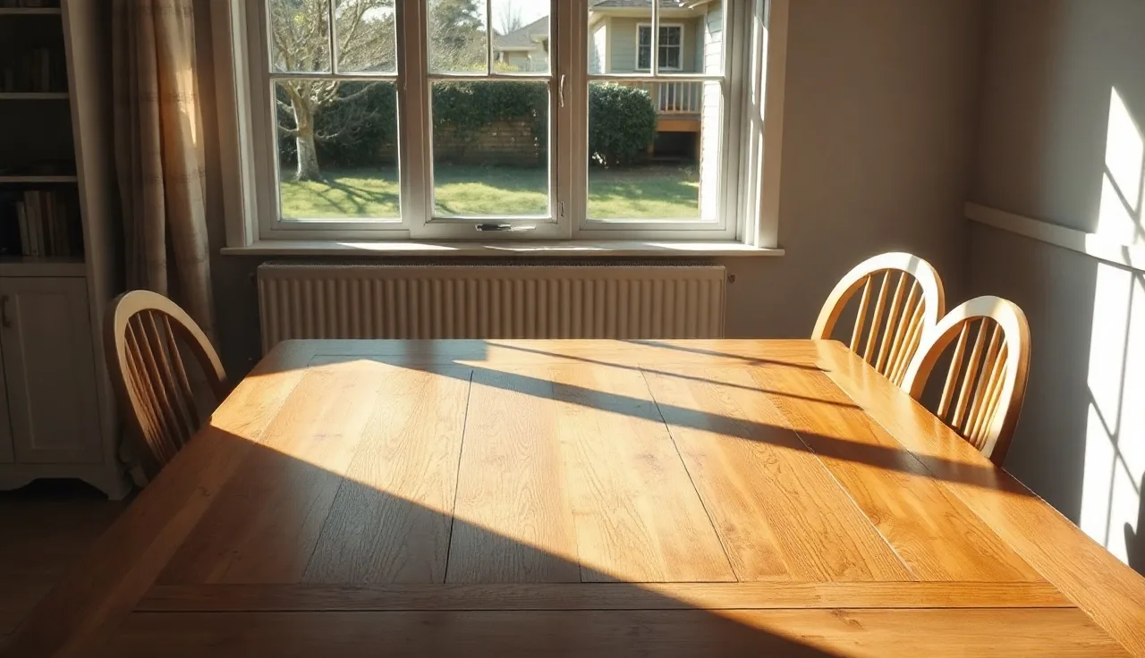 Empty kitchen table with morning light, symbolizing unsigned divorce papers