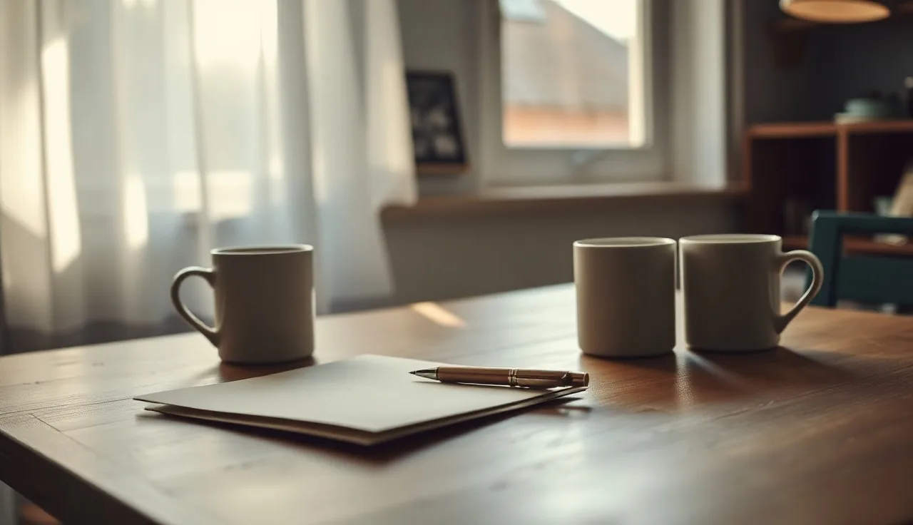 Morning kitchen table with envelope and two coffee mugs suggesting post-divorce financial review