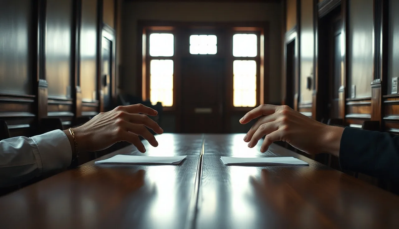 Two people sitting across from each other at a wooden table during a divorce proceeding