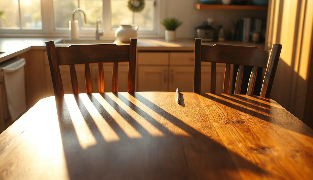 Two empty chairs at a sunlit kitchen table with a pen, representing the divorce process