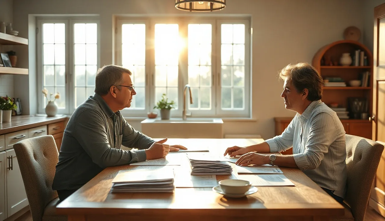 Two people reviewing alimony and divorce financial documents at a kitchen table