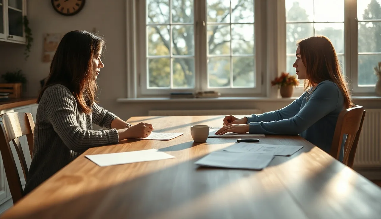 Two adults reviewing financial documents at a kitchen table during divorce discussions