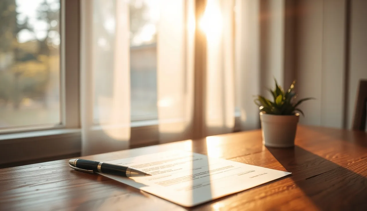 Signed divorce paperwork on a wood table near a sunlit window