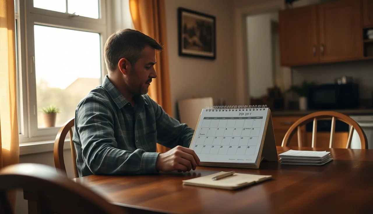 Person reviewing a calendar and documents before filing for divorce in a new state