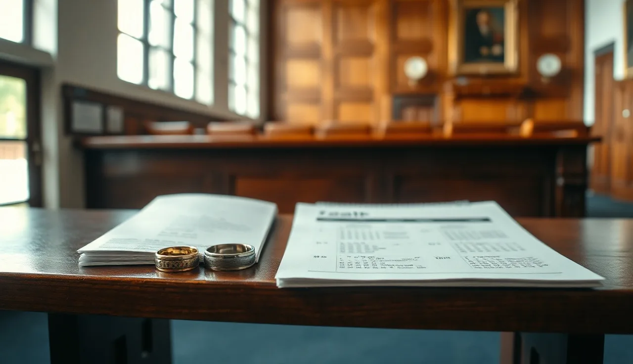 Two wedding rings on a courtroom bench beside an open calendar, alimony eligibility concept