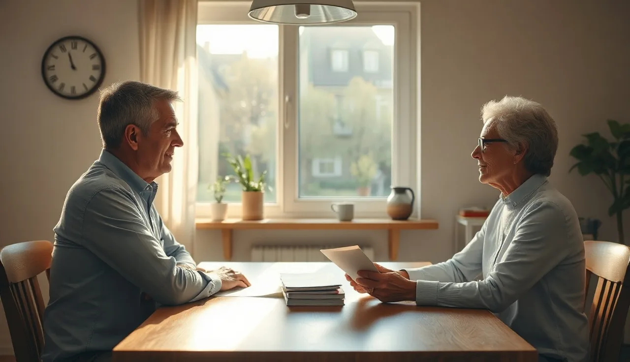 Two adults reviewing alimony paperwork at a sunlit kitchen table