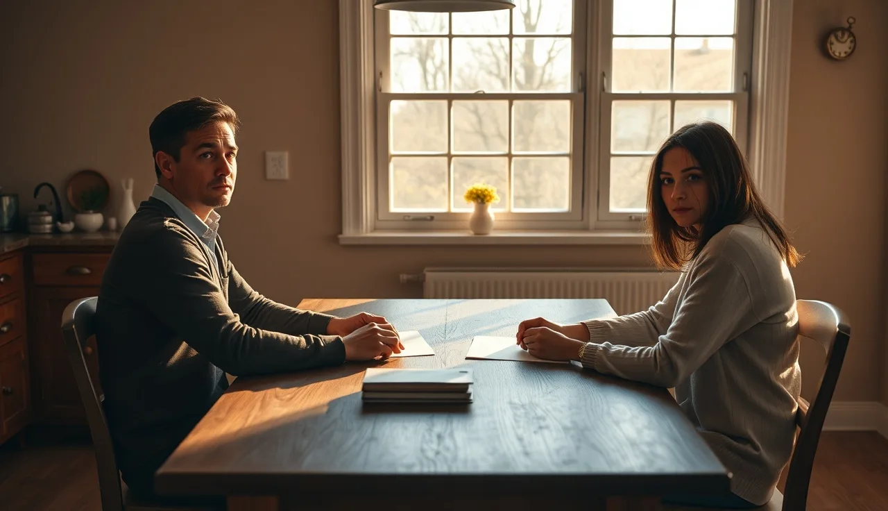 Two adults reviewing alimony paperwork at a kitchen table in natural light
