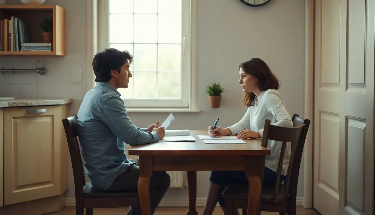Two people at a kitchen table with paperwork discussing alimony terms