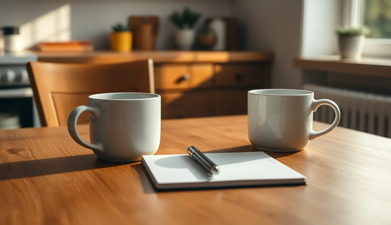 Two coffee mugs and a notepad on a wooden table, evoking divorce cost planning