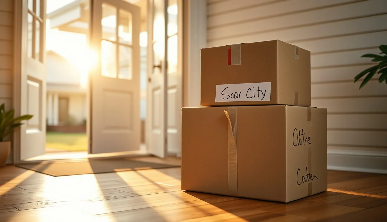 Moving boxes near open front door of house, representing relocation and divorce filing questions