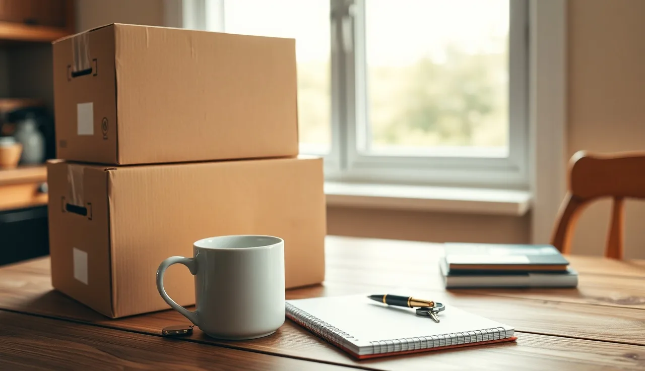 Moving boxes and house keys on a kitchen table during a marital separation