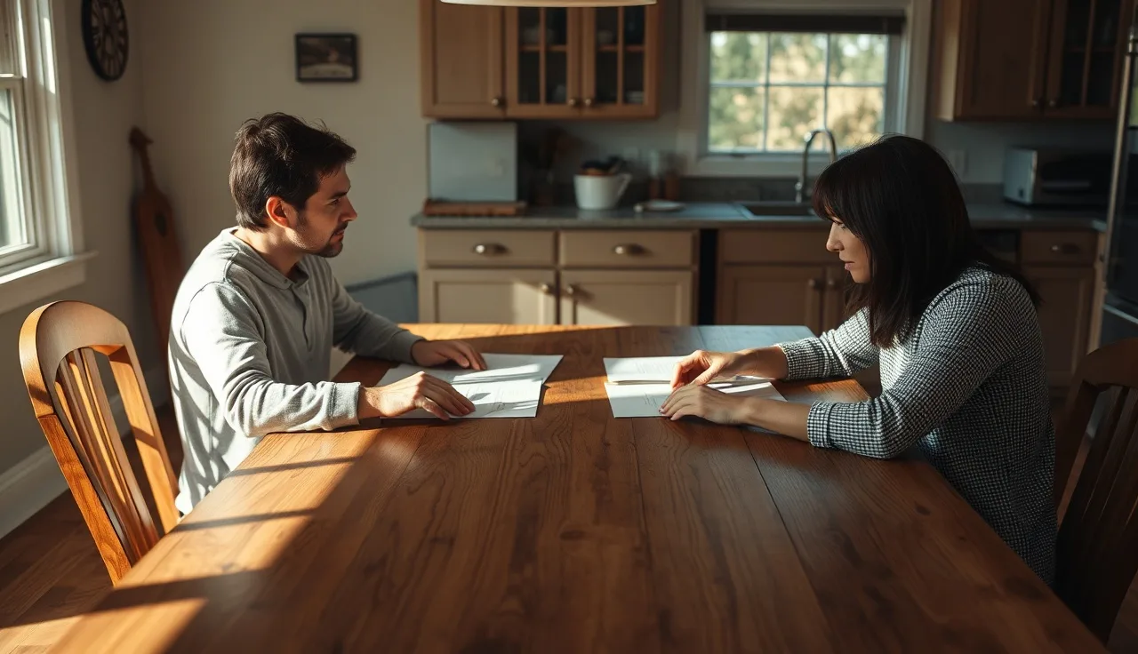 Two people at a kitchen table with unsigned divorce papers between them