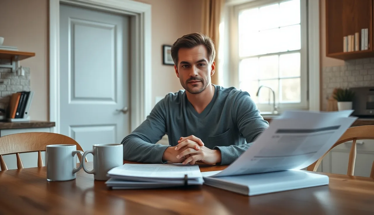 Person reviewing military divorce documents at kitchen table in morning light