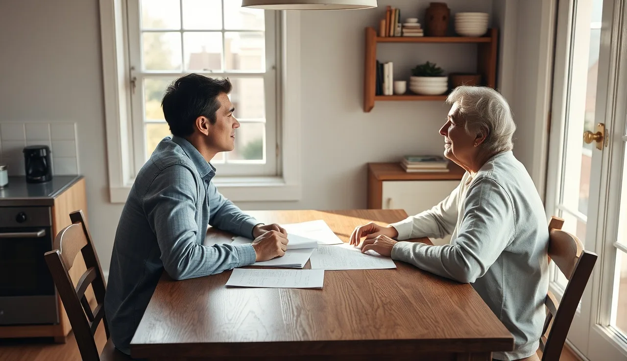Two adults at a kitchen table reviewing legal separation paperwork in morning light